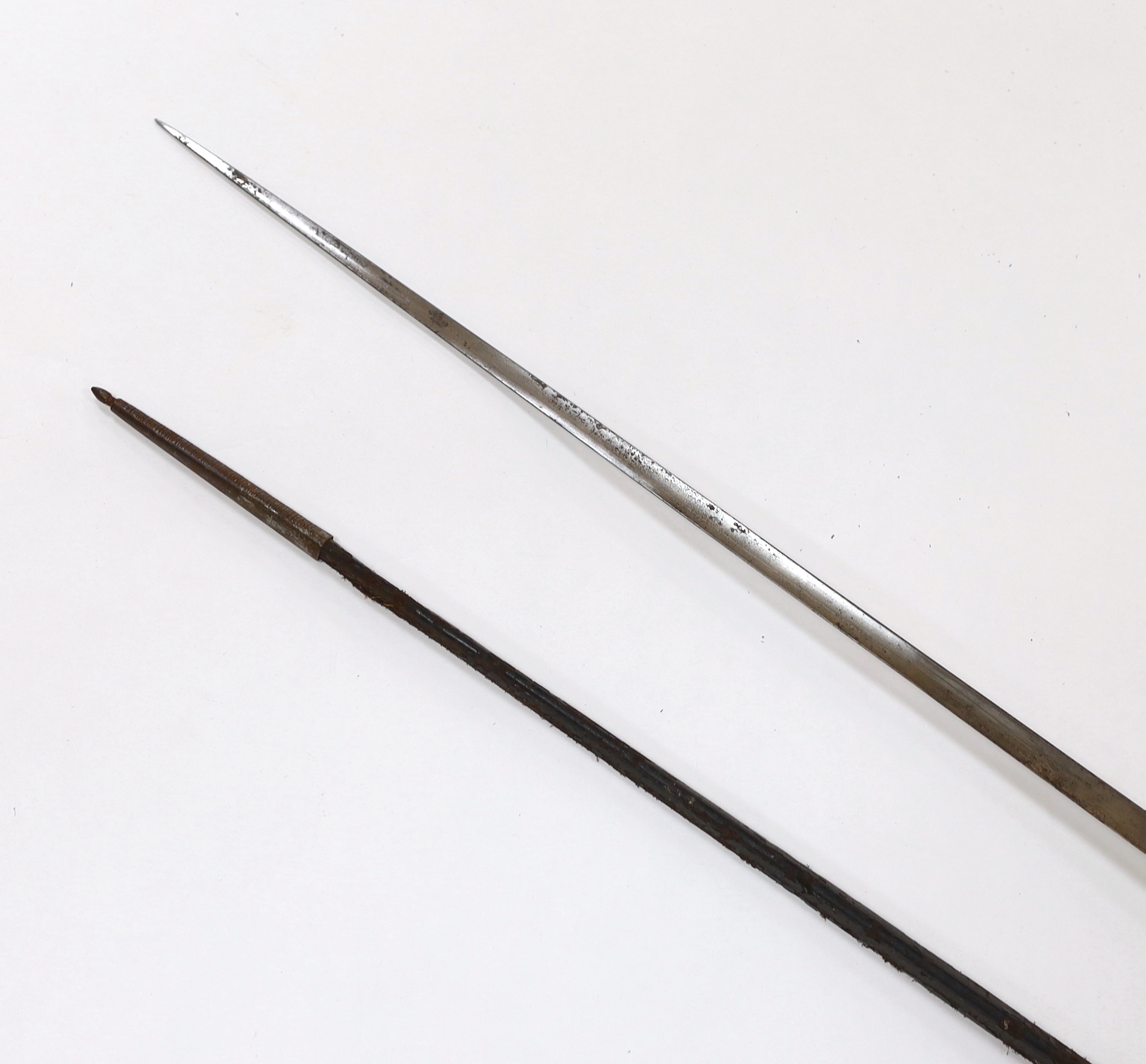 An English cut steel hilted dress court sword, c.1900, polished blade etched at forte, iron hilt slightly rusted, in its leather scabbard, blade 79cm